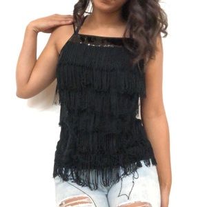 EXPRESS Backless Black Top with Fringe and Sequins